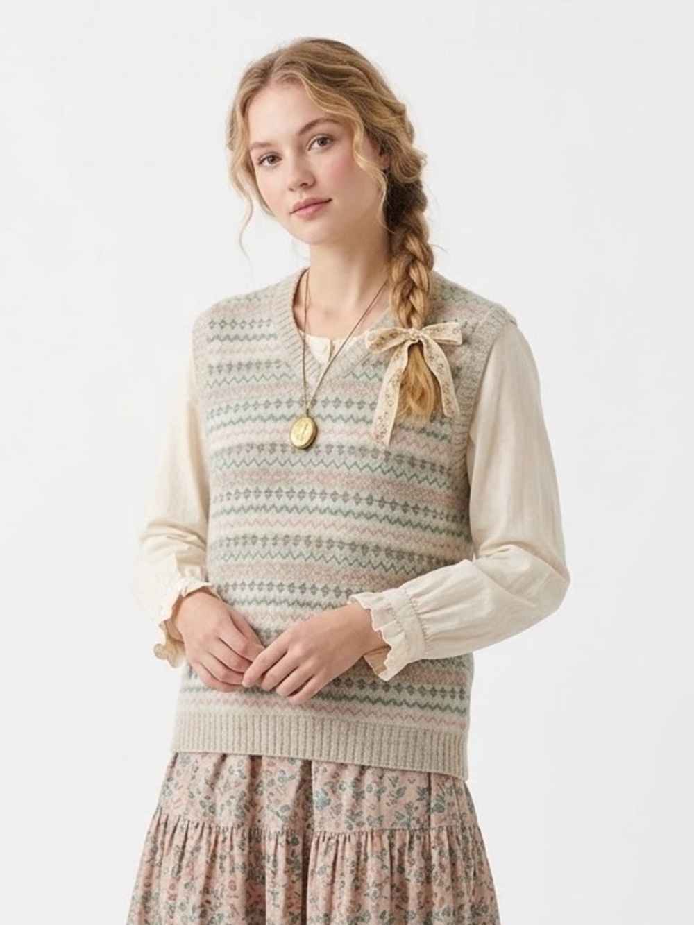 Boho Cottagecore Fair Isle Sweater Vest Twee Feminine Prairiecore Goblincore